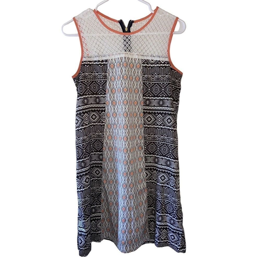 Xhilaration Geometric Tribal Print Lace Yoke Shift Dress Boho Southwestern Small - Picture 2 of 7